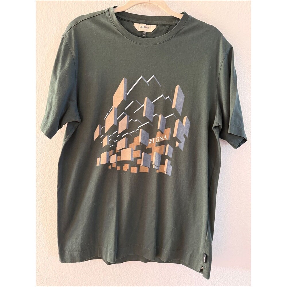 Zegna Green 3D Geometric Blocks Graphic Logo Crewneck T-Shirt M